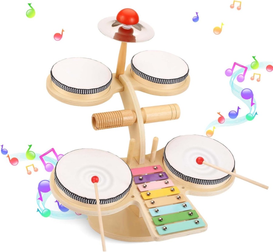 OATHX Kids Drum Set, Toddler Drum Kit, 8 in 1 Wooden Xylophone Musical Instruments Toys for Kids, Percussion Instrument Birthday for Boys Girls Children