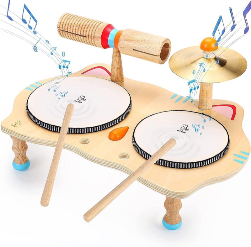 OATHX Kids Drum Set All in One Montessori Musical Instruments Set Toddler Toys Natural Wooden Music Kit Baby Sensory Toys Months Birthday Gifts for Girls Boys