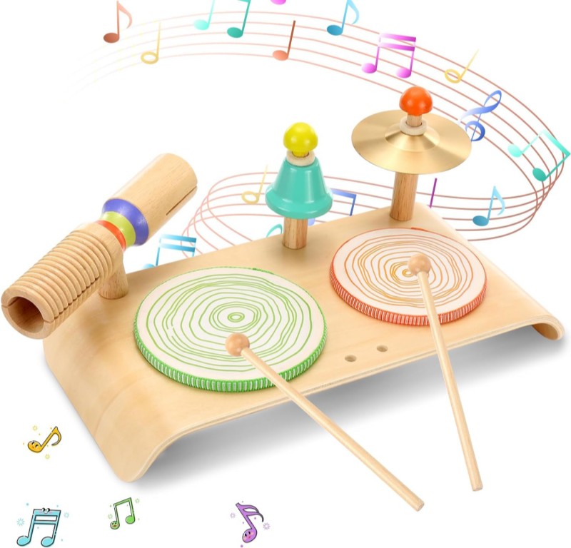 OATHX Kids Drum Set, Baby Musical Instruments Toys for Toddlers, 6 in 1 Wooden Musical Toys, Educational Percussion Drum Sensory Toys Montessori Toys for Kids