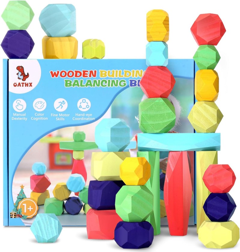 OATHX Montessori Toys Wooden Blocks for Toddlers 1-3, 28Pcs Extra Large Stacking Stones Building Blocks, Preschool Wooden Sorting Stacking Rocks Toys for 1+ Year Old Boys Girls